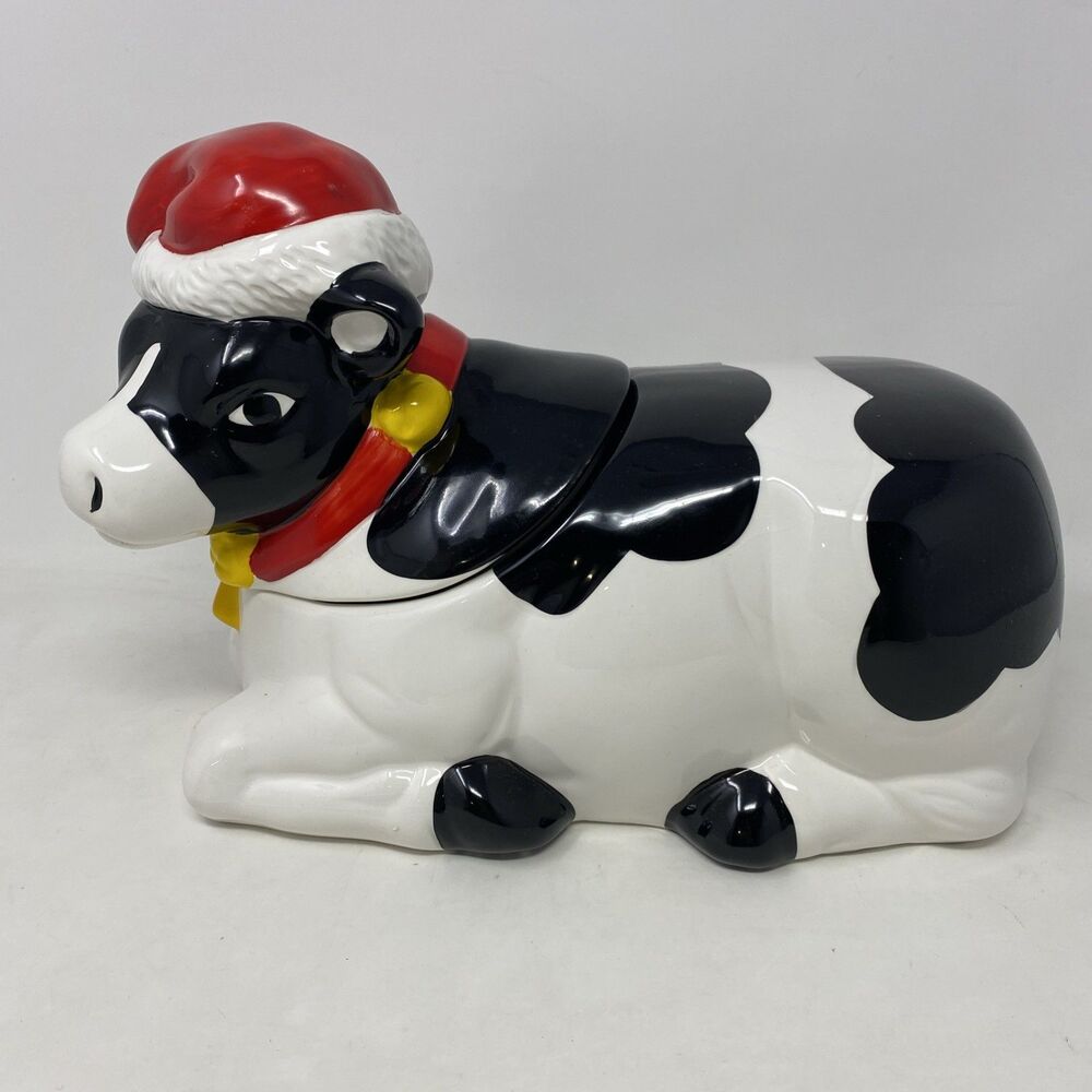 VTG Christmas Cow MOOING Cookie Jar Canister Laying Down Ceramic AMC NYNY